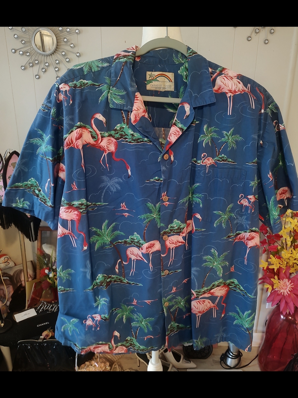 Flamingo Short Sleeve Cotton Shirt SZ Large Made in Hawaii